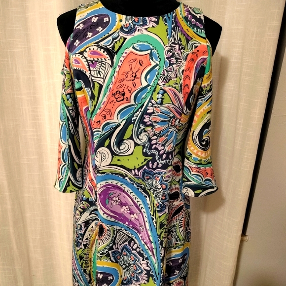 Nicole Miller Cold Cut Out Shoulder Multicolor Dress Size 6 - Picture 1 of 8